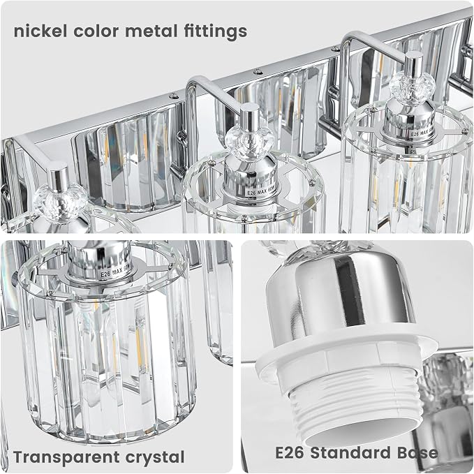 6-Light Modern Bathroom Light Fixture Chrome Bathroom Vanity Lights Over Mirror Wall Sconce Lighting with K9 Crystal Shades E26 Base for Bedroom, Living Room, Hallway Wall Lamp