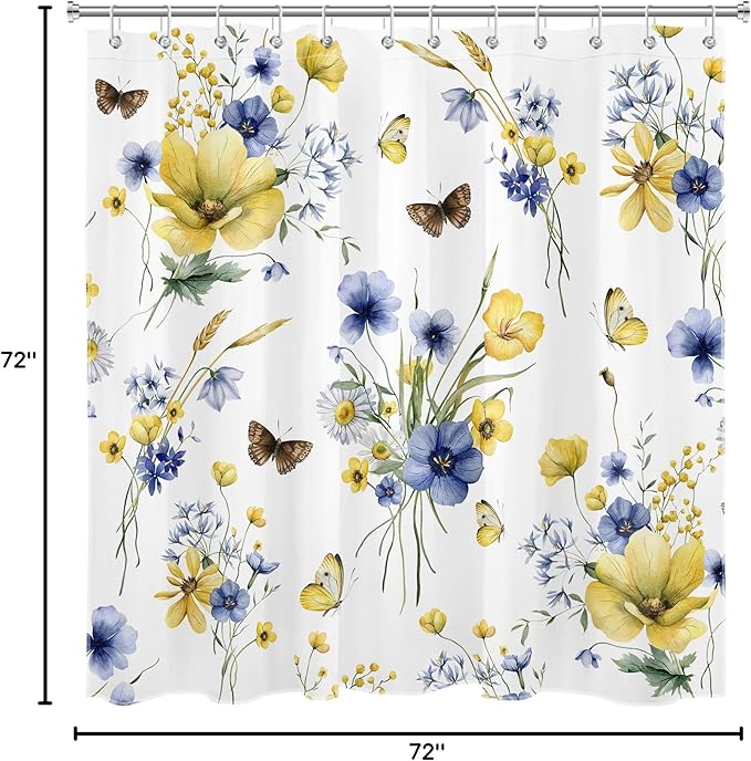 HVEST Floral Blue and Yellow Shower Curtain with Hooks, Spring Flower and Butterfly on White Shower Curtains for Bathroom Decor Rustic Wildflower Nature Plant Shower Curtain Set, 72L X 72W inches
