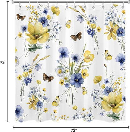 HVEST Floral Blue and Yellow Shower Curtain with Hooks, Spring Flower and Butterfly on White Shower Curtains for Bathroom Decor Rustic Wildflower Nature Plant Shower Curtain Set, 72L X 72W inches