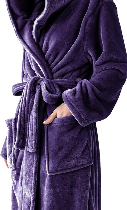 Robes for Women - Hooded Plush Fleece Bathrobe with Sash & Pockets, Full-Length Lightweight Spa Robe