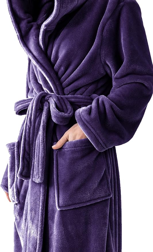 Robes for Women - Hooded Plush Fleece Bathrobe with Sash & Pockets, Full-Length Lightweight Spa Robe