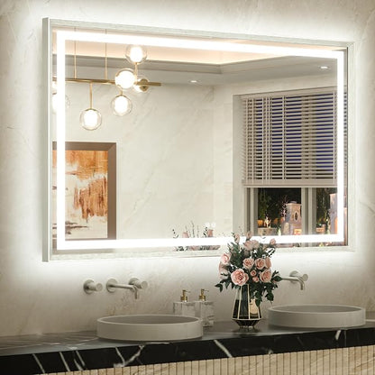 55 x 36 Bathroom LED Mirror Brushed Nickel Metal Frame Frontlit & Backlit Vanity Mirror Stepless Dimmable Anti-Fog 3 Colors White/Warm/Natural Light up Vanity Mirror Wall-Mounted