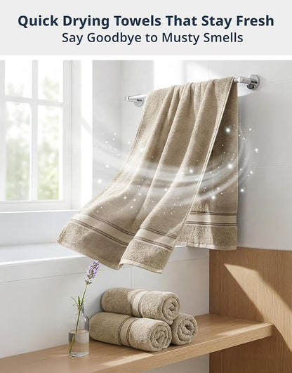 LANE LINEN Bathroom Towel Set 4 Piece Soft Absorbent Quick Dry - Taupe | Cotton Towel Set - Coordinated Colors, Dobby Border Accent, OEKO-TEX Certified, Zero-Twist Durability, Zero-Twist Cotton