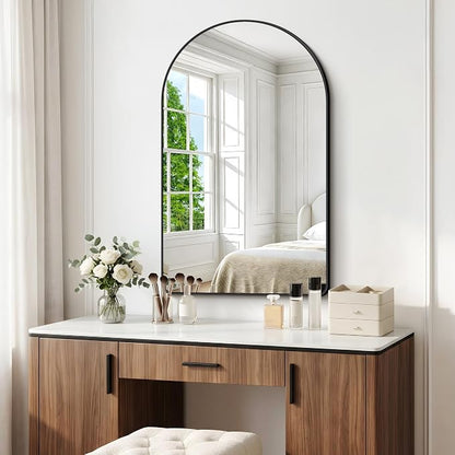 BONEWEI Arched Wall Mirror,30x45 inch Black Arched Mirror Bathroom,Vanity Mirror for Over Sink Metal Frame,Tempered Glass Arch Mirrors for Bedroom,Entryway,Living Room,Home Decor Shatter-Proof