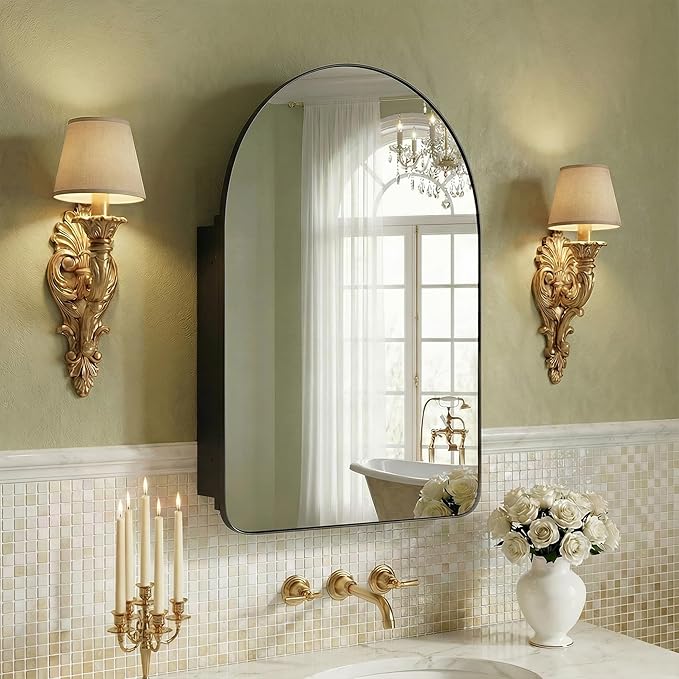 Casaphoria 24" H x 16" W Arched Wall Medicine Cabinets Mirrors, Bathroom Medicine Cabinet with Mirror, Metal Frame Wall Mirror Cabinet, Black G