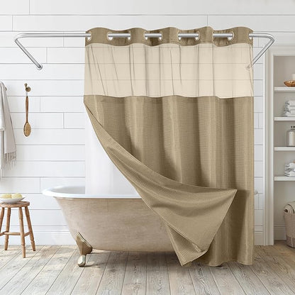 Americanflat 72x75 Hookless Waffle Pattern Shower Curtain - Water-Resistant Long Shower Curtain with Sheer Panel, Snap-in Liner, and Durable Grommets - 100% Polyester - Yellow