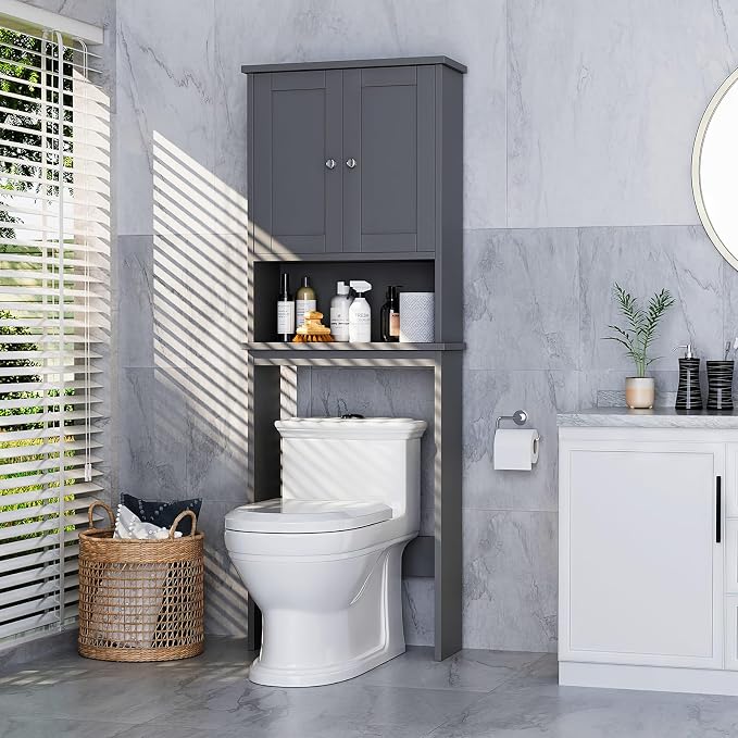 Over the Toilet Storage Cabinet, Bathroom Storage Cabinet Over Toilet with 2 Wood Doors, Freestanding Space Saver, Adjustable Shelf & Open Shelf, Grey