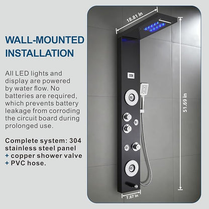ELLO&ALLO Stainless Steel Shower Panel Tower System,LED Shower Head 6-Function Faucet Rain Massage System with Body Jets, Black