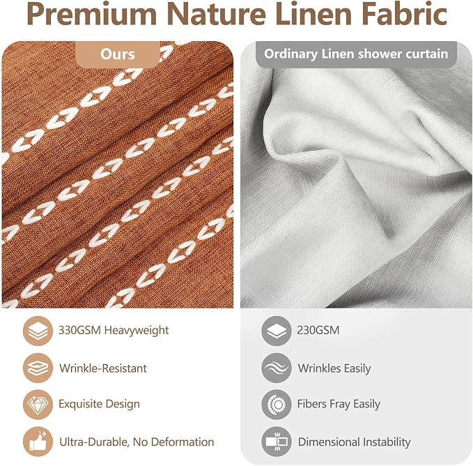 Seenus 72 x 76 inch Extra Long Boho Chic Shower Curtain Heavyweight with Tassels, Sunset Orange Linen Textured Fabric Farmhouse Shower Curtain, Elegant White Striped Bathroom Curtain Water Repellent