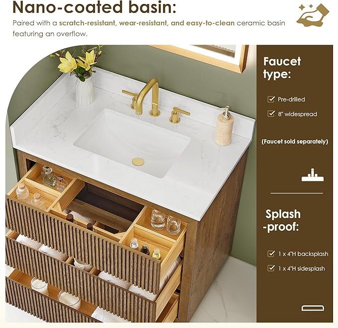 ALTAIR 36 Bathroom Vanity with Sink Mordern Freestanding Single Vanities Brown Large Storge Cabinet with Backsplash Sidesplash Ceramic Countertop Pre-Assembled Bath Fixtures