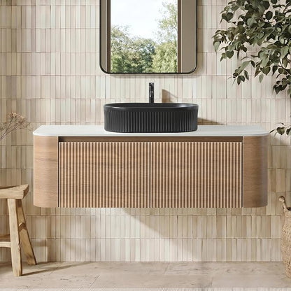 48" Floating Bathroom Vanity with Black Sink, Honey Oak | Pre-Assembled Fluted Wall Mounted Vanity with Ceramic Vessel Sink, Rounded Edges, Soft-Close Drawer & Towel Rack