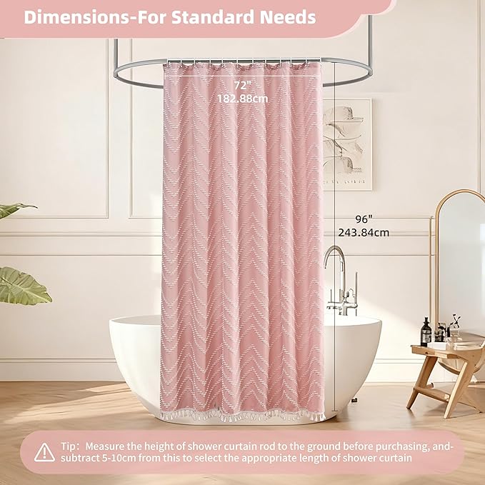 Extra Long Pink Boho Shower Curtain with White Tassel, Woven Fabric 96 in Curtain, Tufted Chevron Striped, 72x96, Modern Chic Textured Minimalist Cute for Bathroom