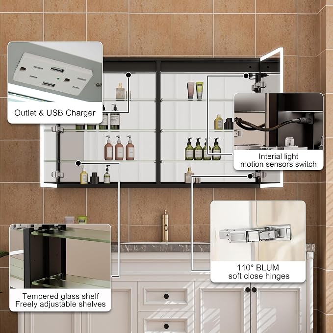 48" X 30" LED Mirrored Medicine Cabinet, Medicine Cabinets with Lights for Bathroom, Defogging Function Mirror Cabinet, Bathroom Medicine Cabinet with USB Port & Outlet, Double Opening Doors