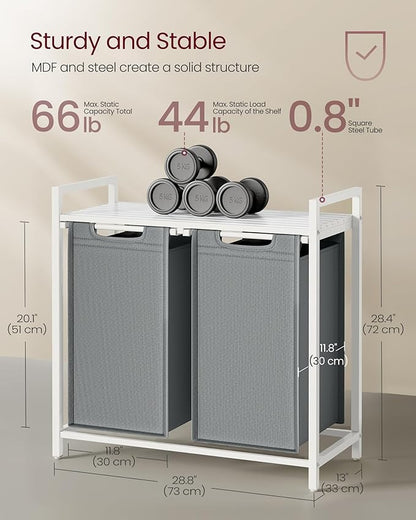 VASAGLE Laundry Hamper, Laundry Basket, Laundry Sorter with 2 Pull-Out and Removable Bags, Shelf, Metal Frame, 2 x 12.1 Gallons (46 L), 28.8 x 13 x 28.4 Inches, Slate Gray and Cloud White UBLH201W11