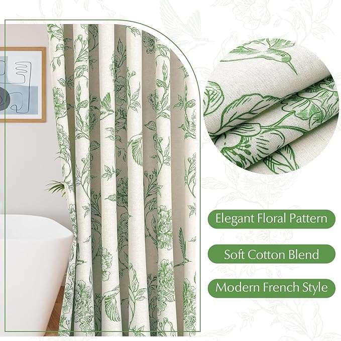 MitoVilla Green Farmhouse Shower Curtain Set, Cotton Floral Hummingbird Cottagecore Spring Shower Curtains for Bathroom, Modern Country Bathroom Décor, 72" W x 72" L