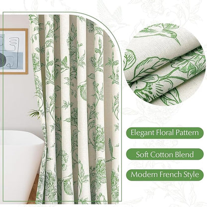 MitoVilla Green Farmhouse Shower Curtain Set, Cotton Floral Hummingbird Cottagecore Spring Shower Curtains for Bathroom, Modern Country Bathroom Décor, 72" W x 72" L