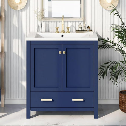 LUMISOL 30" Bathroom Vanity with Sink, Modern Bathroom Sink Cabinet with One Drawer, Soft-Close Doors & Adjustable Shelf, Freestanding Bathroom Storage Cabinet with Undermount Ceramic Sink, Blue