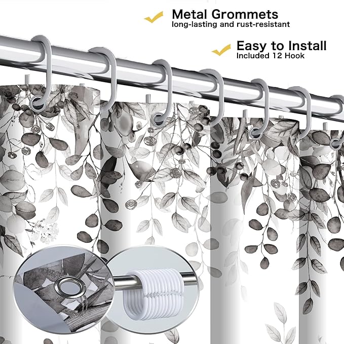 Long Gray Eucalyptus Shower Curtain 72X78 Inch, Black and White Watercolor Plants Leaves Tall Bathroom Curtains, Botanical Foliage Waterproof Fabric Cloth Shower Curtain Set with Hooks