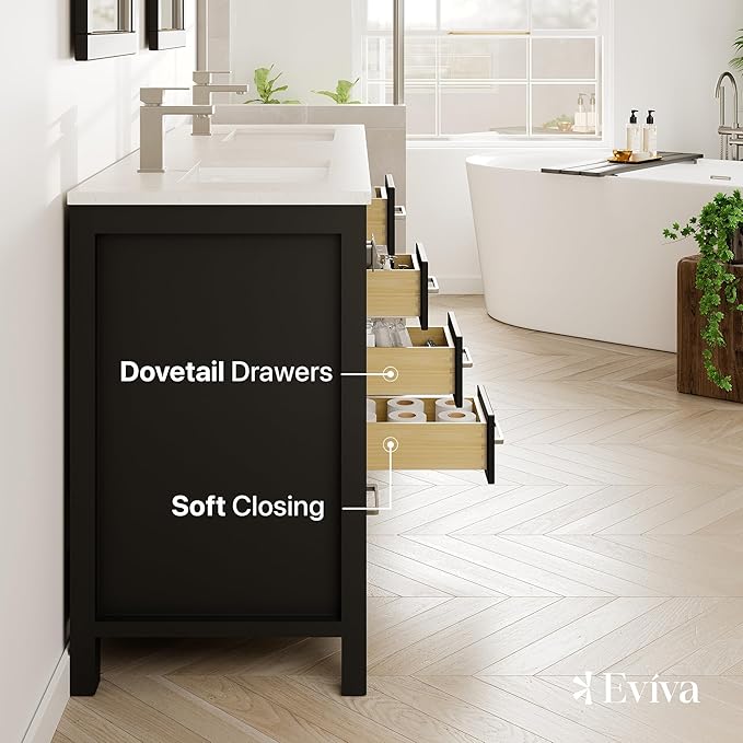 Eviva London 60" W x 18" D Espresso with Sink Bathroom Vanity with White Carrara Quartz Countertop and Undermount Porcelain Sinks