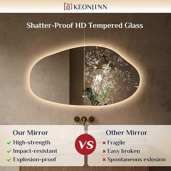 Keonjinn Irregular LED Mirror for Bathroom 55 x 30 Inch, Tempered Glass | Asymmetrical Backlit Bathroom Mirror, Stepless Dimmable with 3 Colors, Fast Defogging, Memory Function, Plug-in/Hardwired
