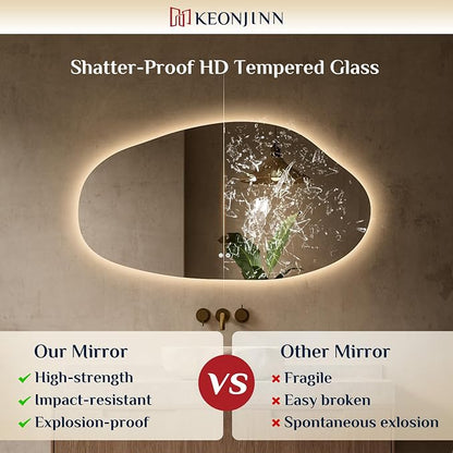 Keonjinn Irregular LED Mirror for Bathroom 55 x 30 Inch, Tempered Glass | Asymmetrical Backlit Bathroom Mirror, Stepless Dimmable with 3 Colors, Fast Defogging, Memory Function, Plug-in/Hardwired