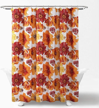 Lush Decor Leah Floral Shower Curtain, 72" W x 72" L, Red & Orange - Fabric Shower Curtains - Watercolor Botanical Bathroom Curtain - Farmhouse & French Country Decor