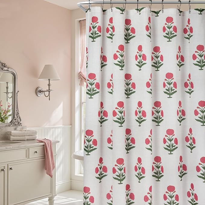 MUGINYU Pink Floral Shower Curtain-72x72 Inches,Cotton Blend Cloth Fabric,Girly Cute Coquette Style with Green Block Print for French Country Bathroom Decor