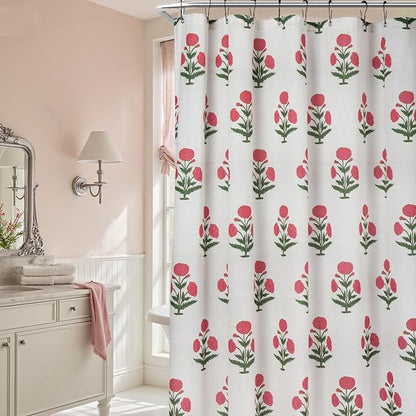 MUGINYU Pink Floral Shower Curtain-72x72 Inches,Cotton Blend Cloth Fabric,Girly Cute Coquette Style with Green Block Print for French Country Bathroom Decor