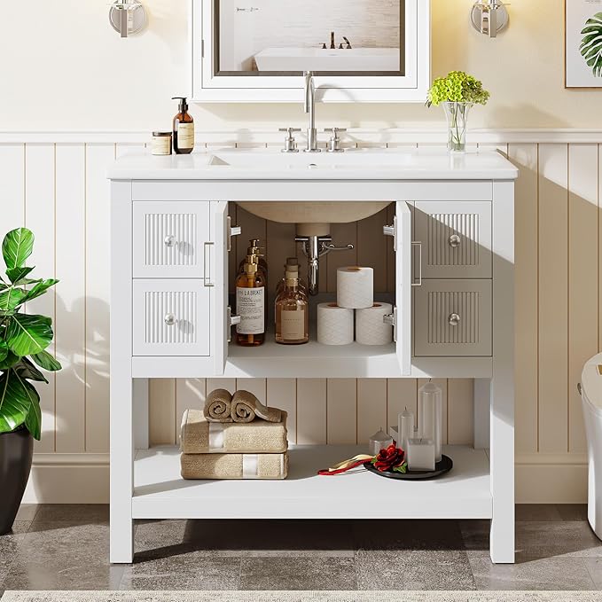 Tribesigns 36" Modern Bathroom Vanity with Sink, Freestanding Bathroom Vanities Cabinet Combo, Bathroom Sink Cabinet with 2 Doors and 1 Drawer, Solid Wooden Frame, White