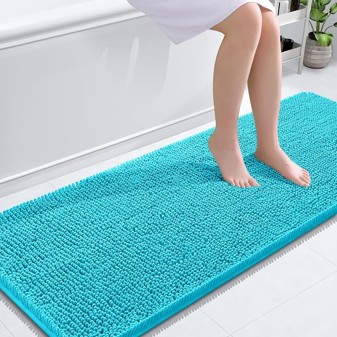 OLANLY Bathroom Runner Rugs 59x24, Extra Soft Absorbent Chenille Bath Rugs | Aqua Sky, Quick-Drying Rubber Backing, Washable Long Bath Mat for Bathroom Floor, Tub and Shower, Home Decor Accessories