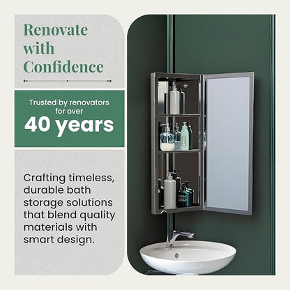Renovators Supply Infinity Corner Medicine Cabinet with Mirror - Triple Shelf Storage Cabinet - Modern Wall Mount Medicine Cabinet - 23.6 in., Left Open, Polished Stainless Steel, Pack of 2
