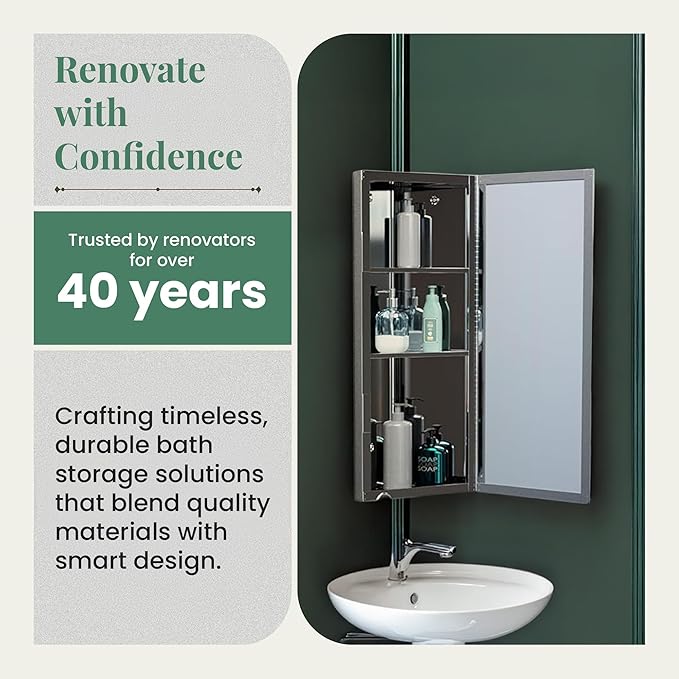 Renovators Supply Infinity Corner Medicine Cabinet with Mirror - Triple Shelf Storage Cabinet - Modern Wall Mount Medicine Cabinet - 23.6 in., Left Open, Polished Stainless Steel, Pack of 1