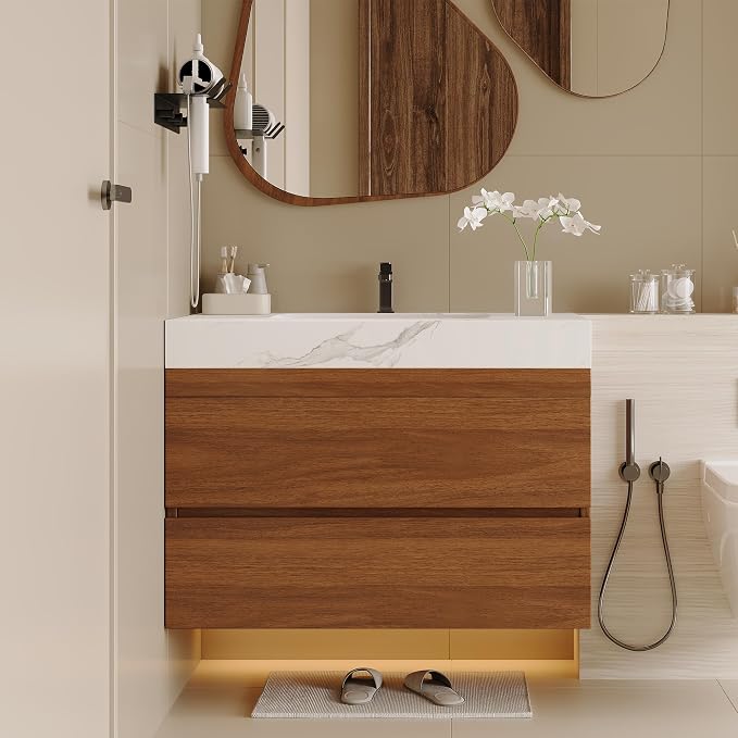 KEIKI 29.9" Bathroom Vanity with Undermount Sink Combo, Modern Floating Vanity Cabinet with 2 Drawers, Storage Wall Mounted Cabinet for Small Space, Walnut