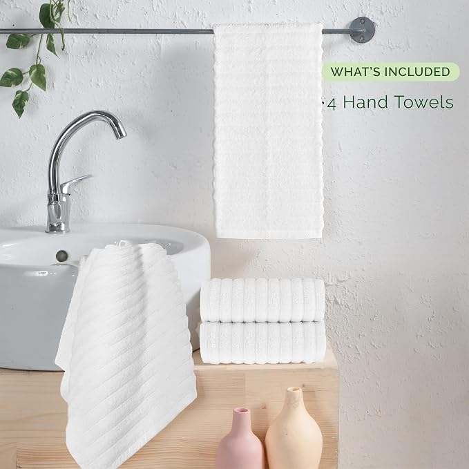 Elegant Comfort Luxury 100% Turkish Cotton Corduroy Ribbed 4 Pack Hand Towel Set 16 x 28 Inch - Absorbent, Super Soft, Quick Dry, Premium Towels for Bathroom, Gym, Spa and Hotel Use, White