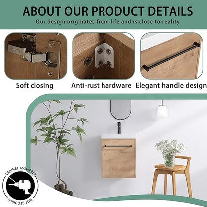 18" Bathroom Vanity with Sink, 18 Inch Floating Bathroom Vanity for Small Space,Modern Single Sink Bathroom Vanity Combo, Brown Wall Mounted Cabinet Set