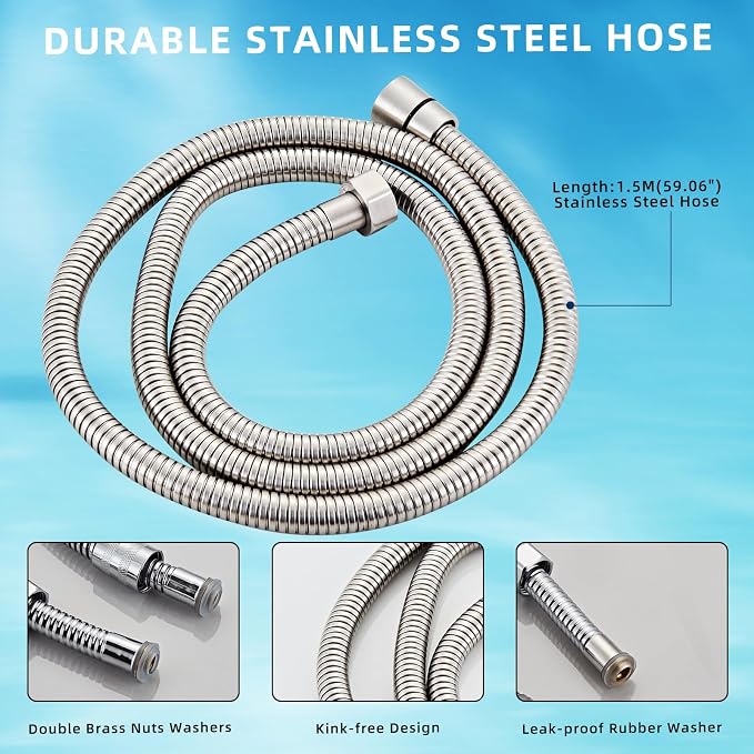 Brushed Nickel Square Hand Shower Head, handheld shower head with hose,Brass High Pressure Rinse With Adjustable Water Supply Elbow Wall Mount Connector Shower Bracket and Hose Set