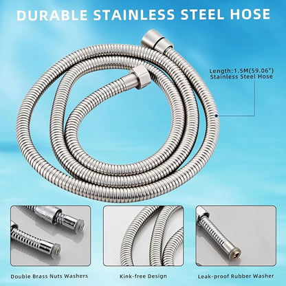 Brushed Nickel Square Hand Shower Head, handheld shower head with hose,Brass High Pressure Rinse With Adjustable Water Supply Elbow Wall Mount Connector Shower Bracket and Hose Set