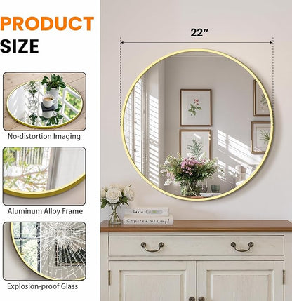 Round Bathroom Mirror for Wall, 2 Pack 22 inch Circle Bathroom Mirrors for Over Sink, Modern Circular Metal Frame for Vanity, Entryway, Bedroom, Living Room(Gold)