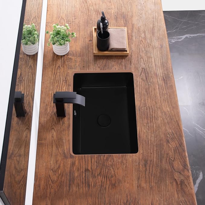 18 Inch Undermount Bathroom Sink Black Rectangular with Overflow | Porcelain Ceramic Matte Black Vanity Basin (18.5"x14.0")