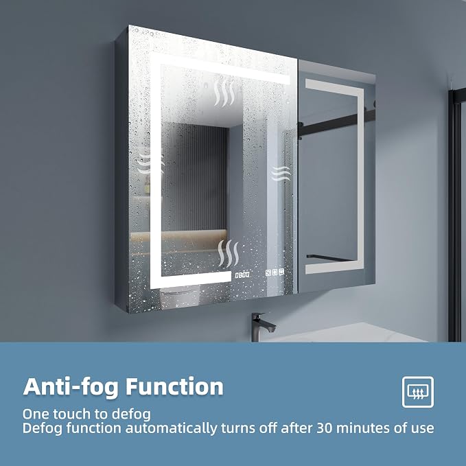 Medicine Cabinet with Lights 36x30 Anti-Fog Mirror Dimmable | 3 Color Dimmable LED. Time/Temp Display. Anti-Fog IP44. 2 Outlets+2 USB. Plug-in/Hardwired. Recessed/Surface Mount.