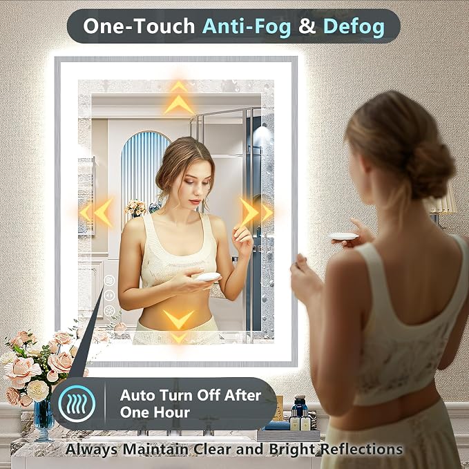 24x36 Inch Brushed Nickel LED Bathroom Mirror, Backlit & Front Lit | Silver Framed Anti-Fog Lighted Vanity Mirror with Lights, 3 Color Dimmable, Memory, HD Tempered Glass, CRI95, IP54, UL Listed