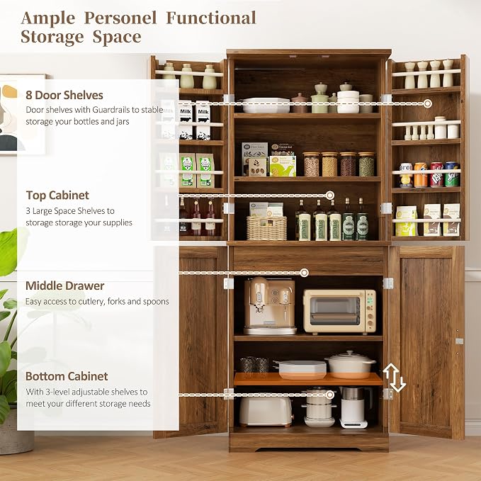 Shintenchi Kitchen Pantry Cabinet, Farmhouse Tall Cupboard, Rustic Brown | Freestanding, with 8 Door Shelves, 2 Cabinets and 1 Drawer, for Kitchen, Living Room, Dining Room and Bathroom