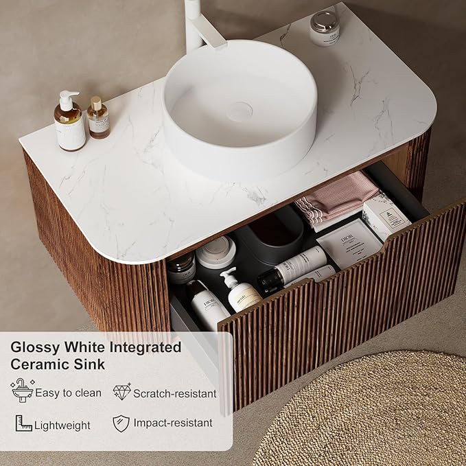 24" Modern Floating Bathroom Vanity with Sink, Wall-Mounted Cabinet with Ultra-Thin Ceramic Basin and Marble Top, Extra Large Storage Drawer, Soft-Close Design, Dark Walnut