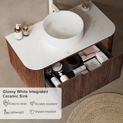 36 inch Floating Bathroom Vanity with Sink, Wall-Mount Cabinet with Ultra-Thin Ceramic Basin and Marble Top, Large Storage Drawer, Soft-Close Design, Dark Walnut