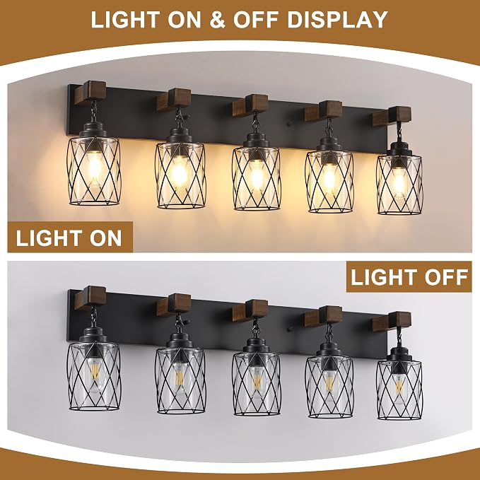 Bathroom Light Fixtures,Farmhouse Black Metal with Glass Shade | 5 Light Rustic Vanity Lights, Wood Accent Wire Cage Design, Mounts Over Mirror, Ideal for Bedroom & Hallway,Easy to Install