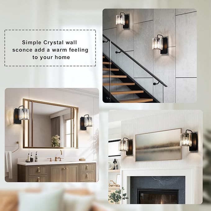 Wall Sconce,Crystal Wall Sconce,Black Wall Light Fixtures Indoor | 10 Inch Modern Wall Lighting Black Sconce for Living Room Hallway Bedroom Bathroom, 2 Crystal Strip Rplacement, E26