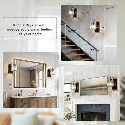 Wall Sconce,Crystal Wall Sconce,Black Wall Light Fixtures Indoor | 10 Inch Modern Wall Lighting Black Sconce for Living Room Hallway Bedroom Bathroom, 2 Crystal Strip Rplacement, E26