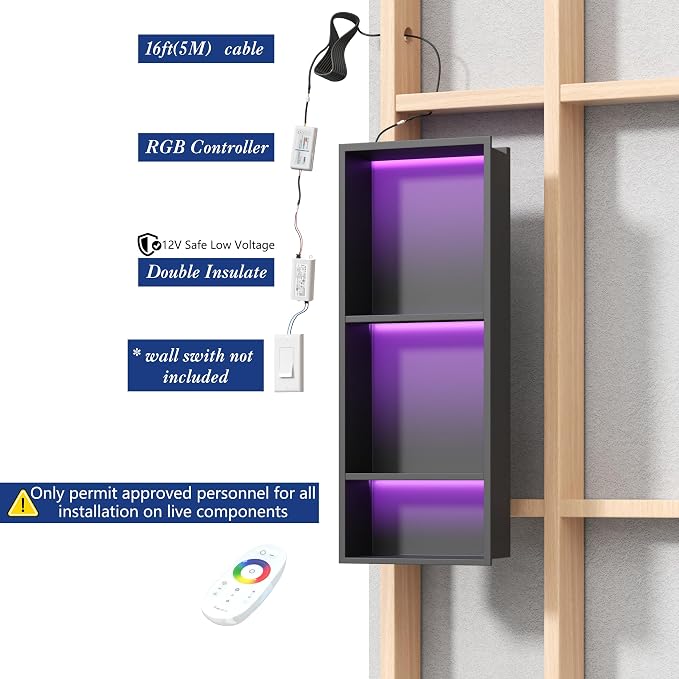 3-Tiers 12x30Inch Wall Niche with RGB LED Lights, Matte Black Recessed Shower Niche Cabinet, Stainless Steel Bathroom Shelf, NO Tile Needed Storage Organizer for Shower wall