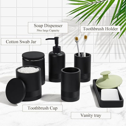 Bathroom Accessories Set, 6-Piece Bathroom Accessory Set, Toothbrush Holders Set, Soap Dispenser, Vanity Tray, Tumbler, Cotton Swab Jars, Bathroom Organizer for Modern Bathrooms(Matte Black)