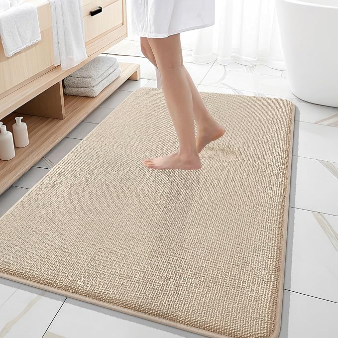 OLANLY Memory Foam Large Bathroom Rugs 59x35, Absorbent Bath Mat, Beige | Soft Quick Dry Bath Rugs, Non-Slip Carpet, Machine Washable Mat for Bathroom Floor, Tub and Shower, Home Decor Accessories